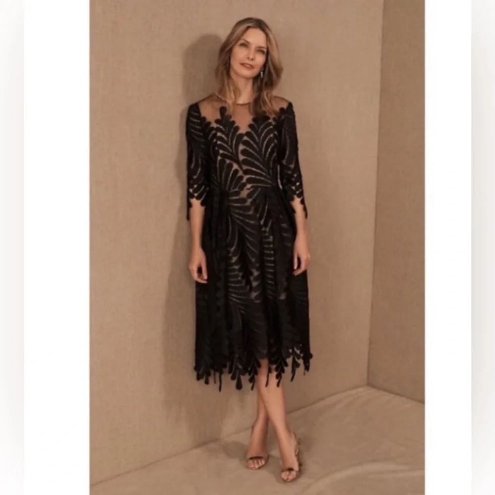 BHLDN Black Long Sleeve Sheer Appliqué Tea-Length Dress - Picture 2 of 16
